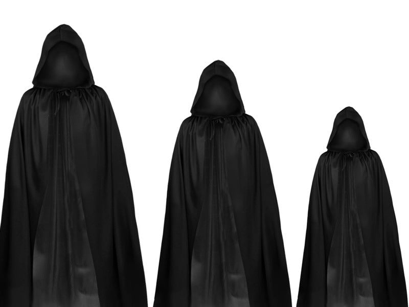 Three black hooded cloaks of different sizes on a white background