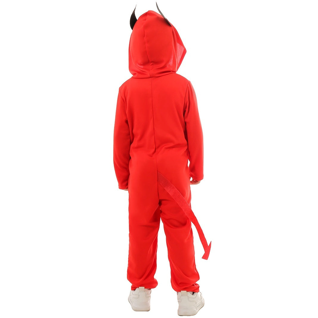 Red devil costume with horns on a white background