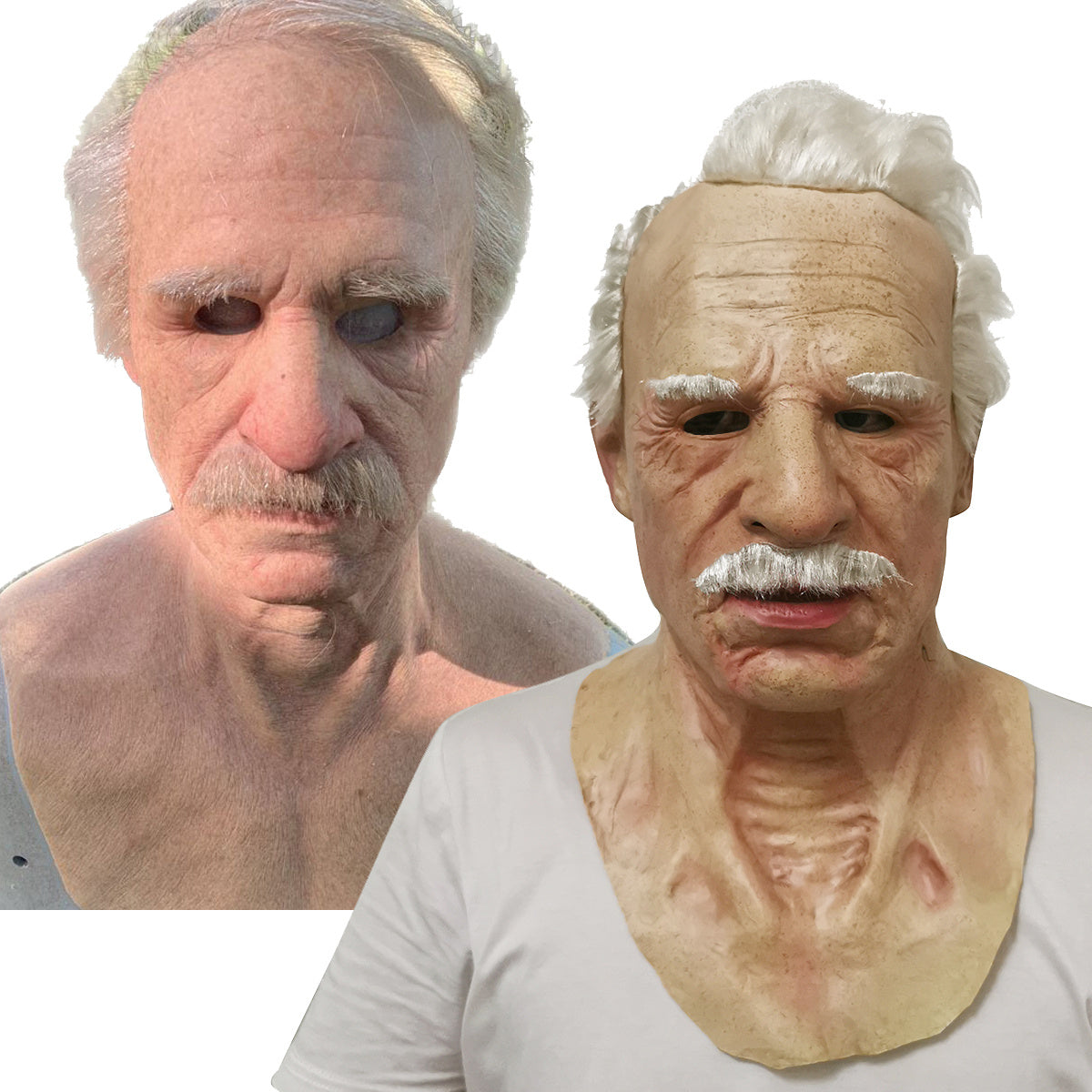 Person wearing an elderly mask with a close-up of the mask on the left.