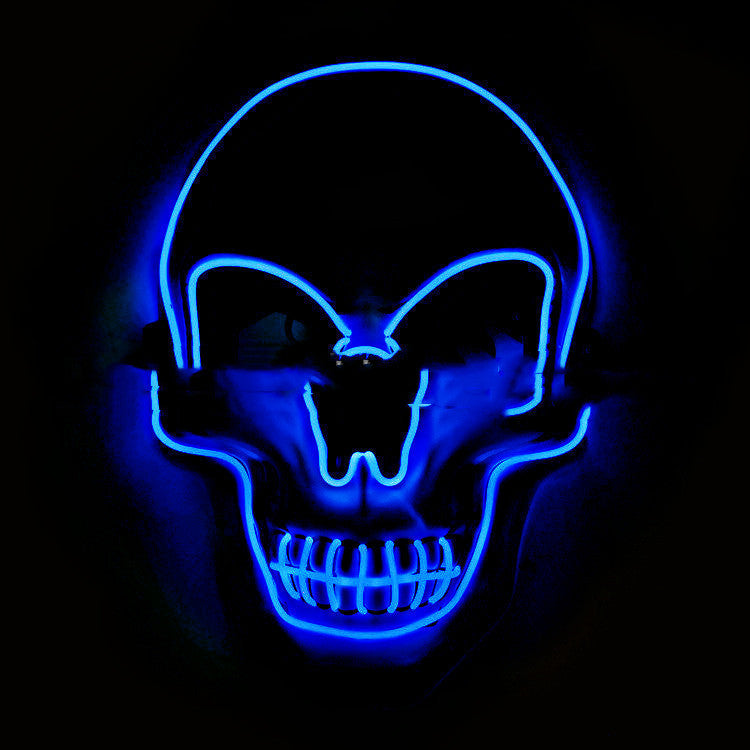 Blue LED skull mask on a black background