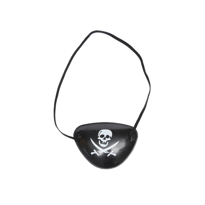 Black pirate eye patch with skull and crossbones design on a white background