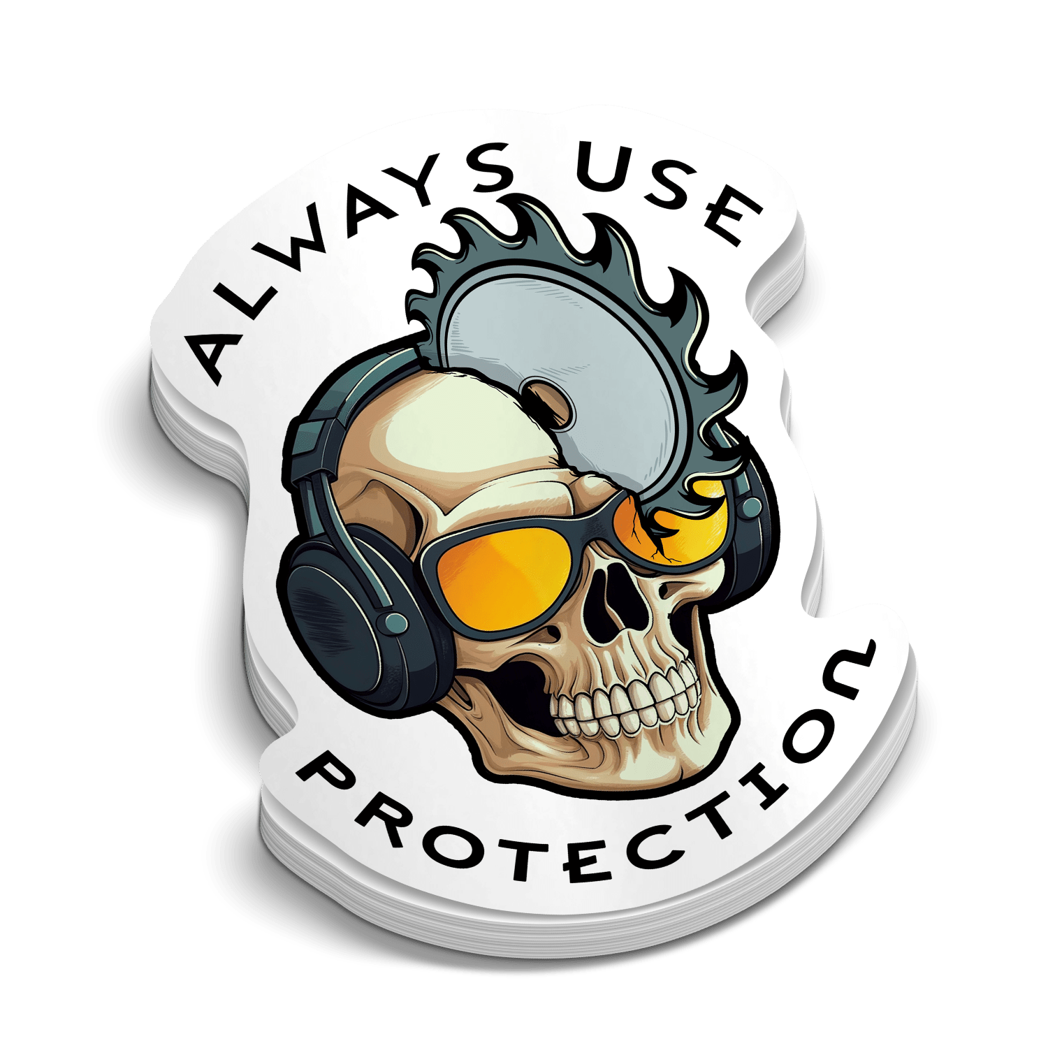 Skull with headphones and sunglasses with 'Always Use Protection' text on a green background
