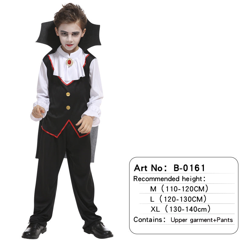 Child wearing a black and red Halloween costume with a label indicating size recommendations.