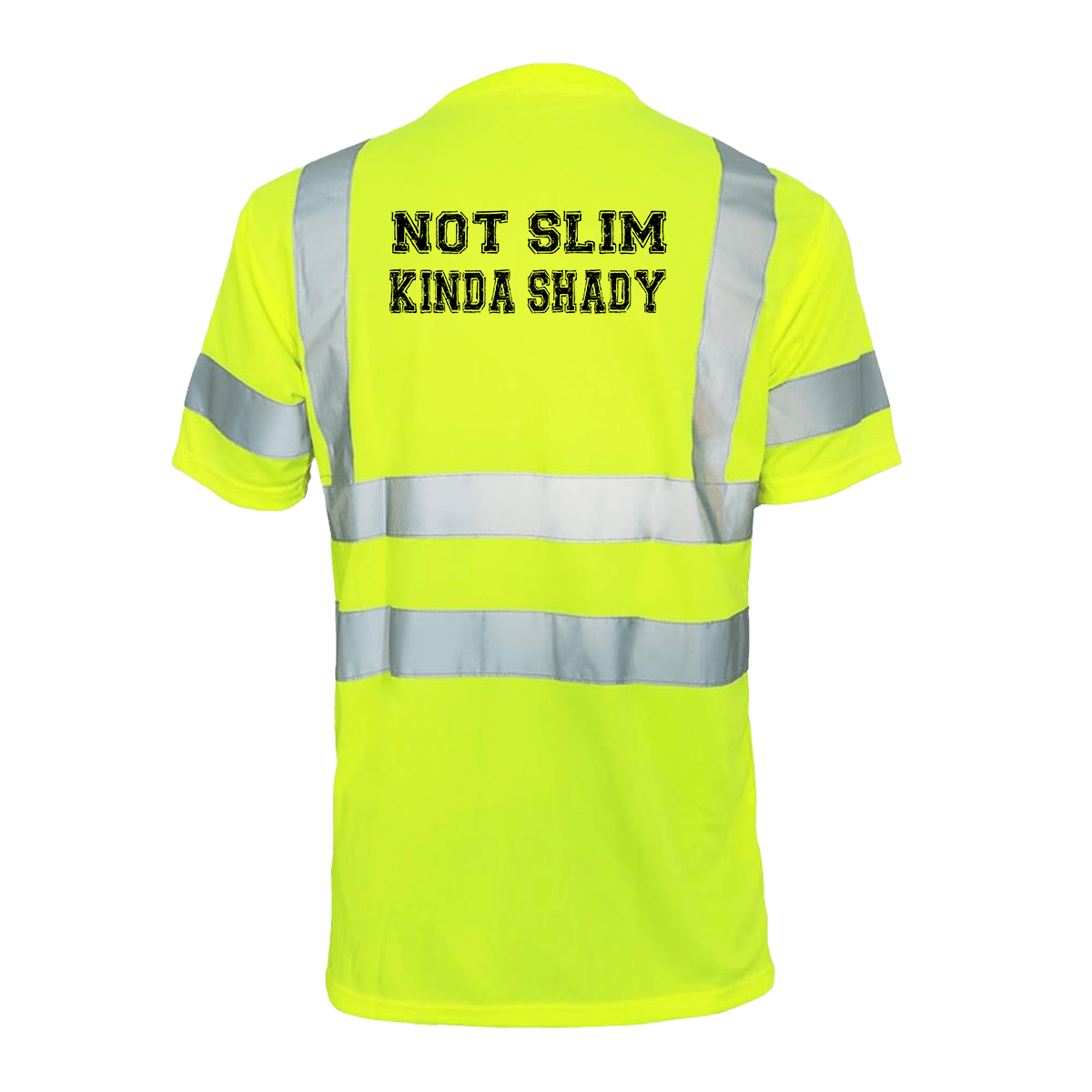 High-visibility yellow safety shirt with reflective stripes and text on a green background