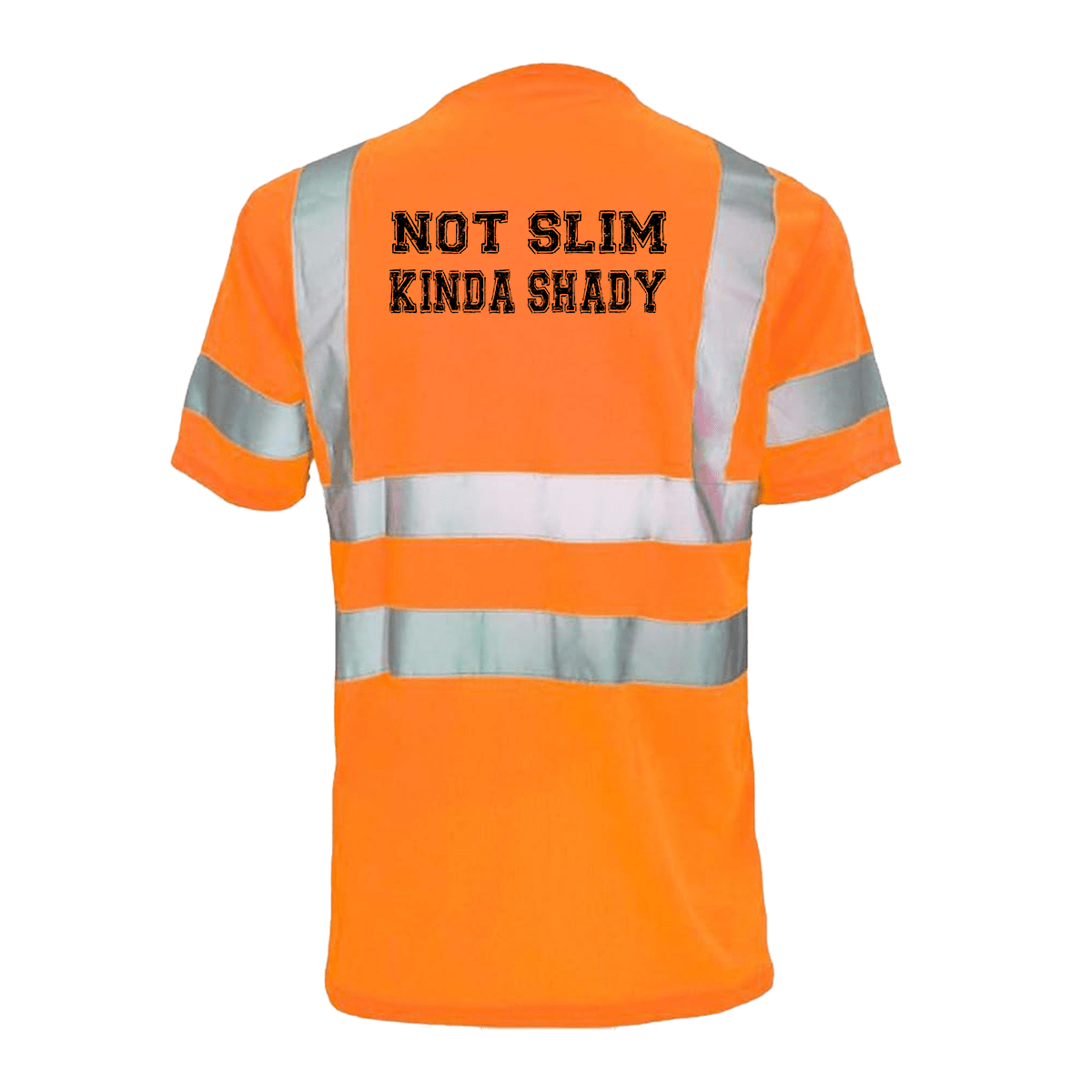 Orange safety vest with reflective stripes and text on a green background