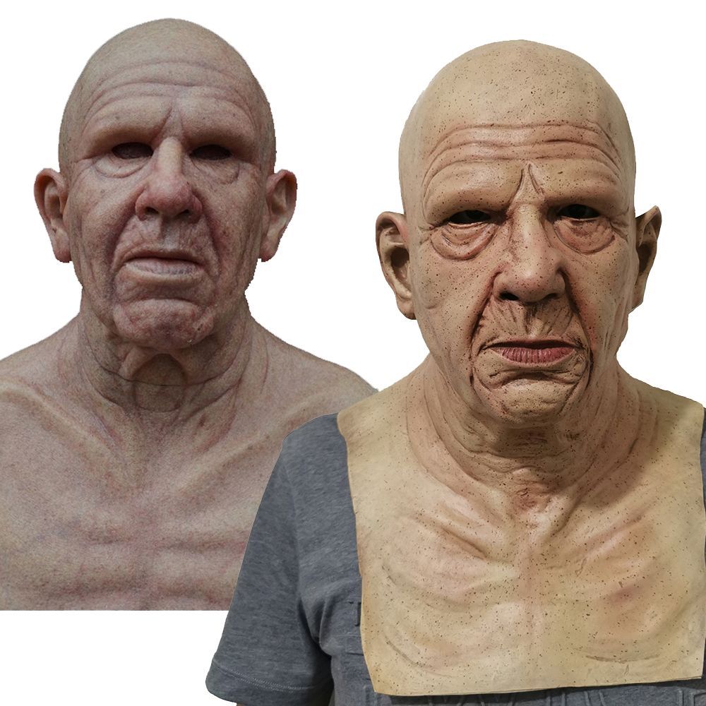 Person wearing a realistic old man mask on a white background