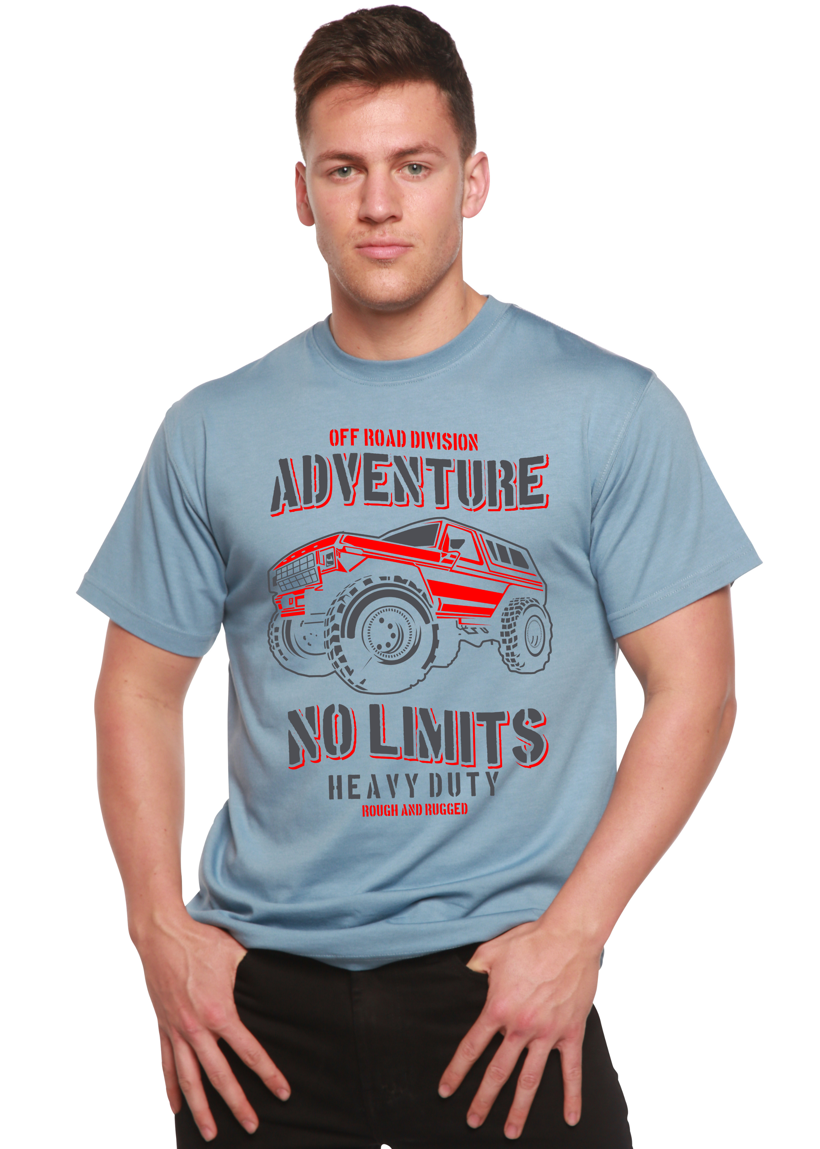 Man wearing a light blue t-shirt with an off-road vehicle graphic and text.
