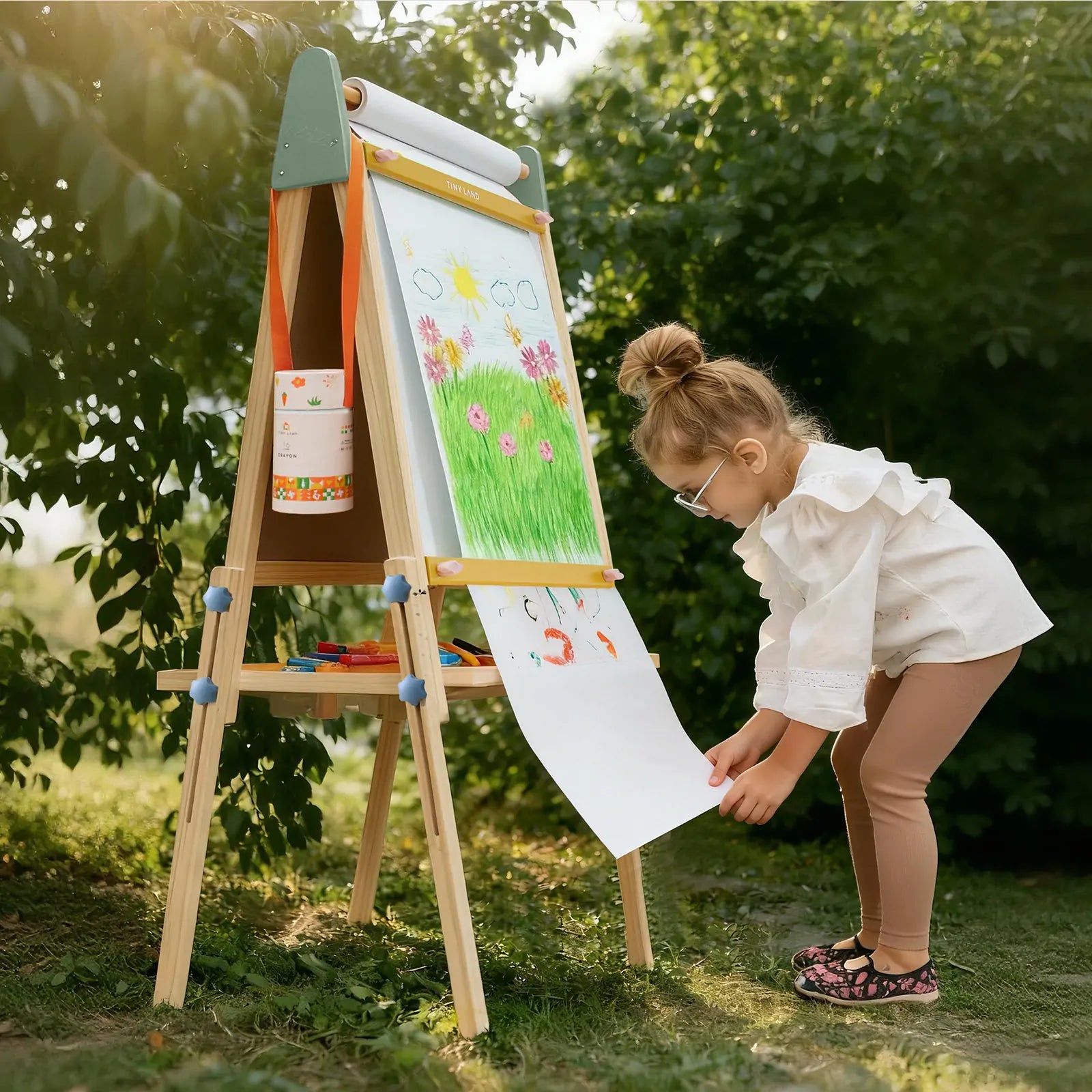 Tiny Land Double-Sided Kids Art Easel – Chalkboard, Whiteboard & Paper Roll