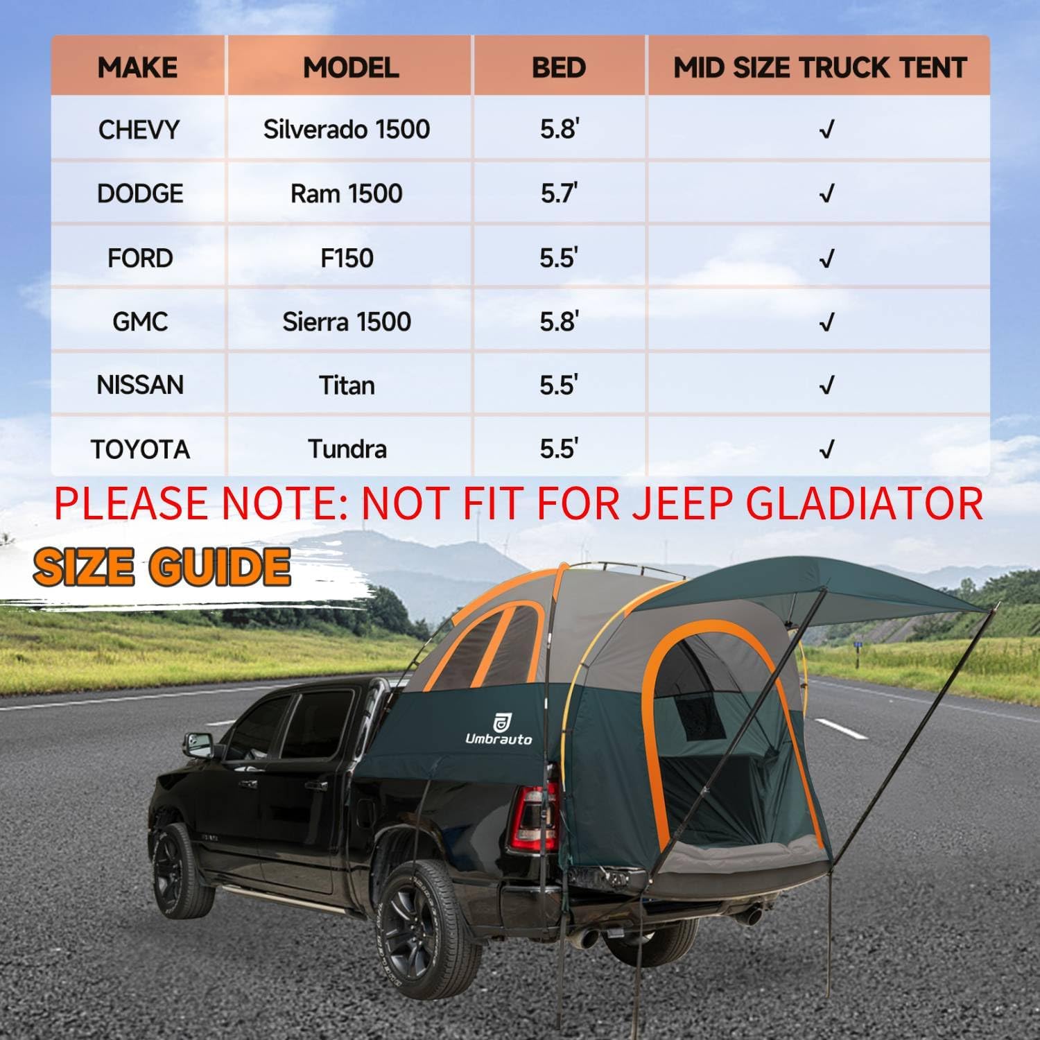 Truck Bed Tent for 5.5–5.8ft Beds — PU3000 Waterproof, 4ft Awning, Color-Coded Setup | 2–3 Sleepers