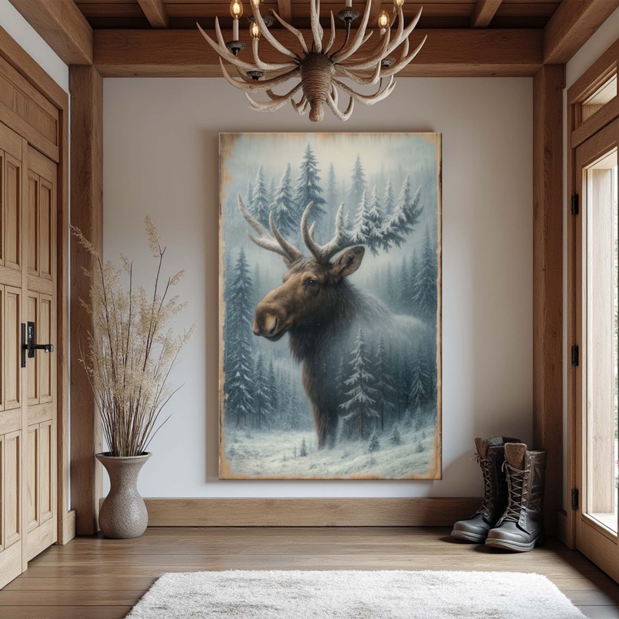 Snowy Forest Moose Double Exposure Canvas Wall Art | Handcrafted | 3 Sizes | Ready to Hang