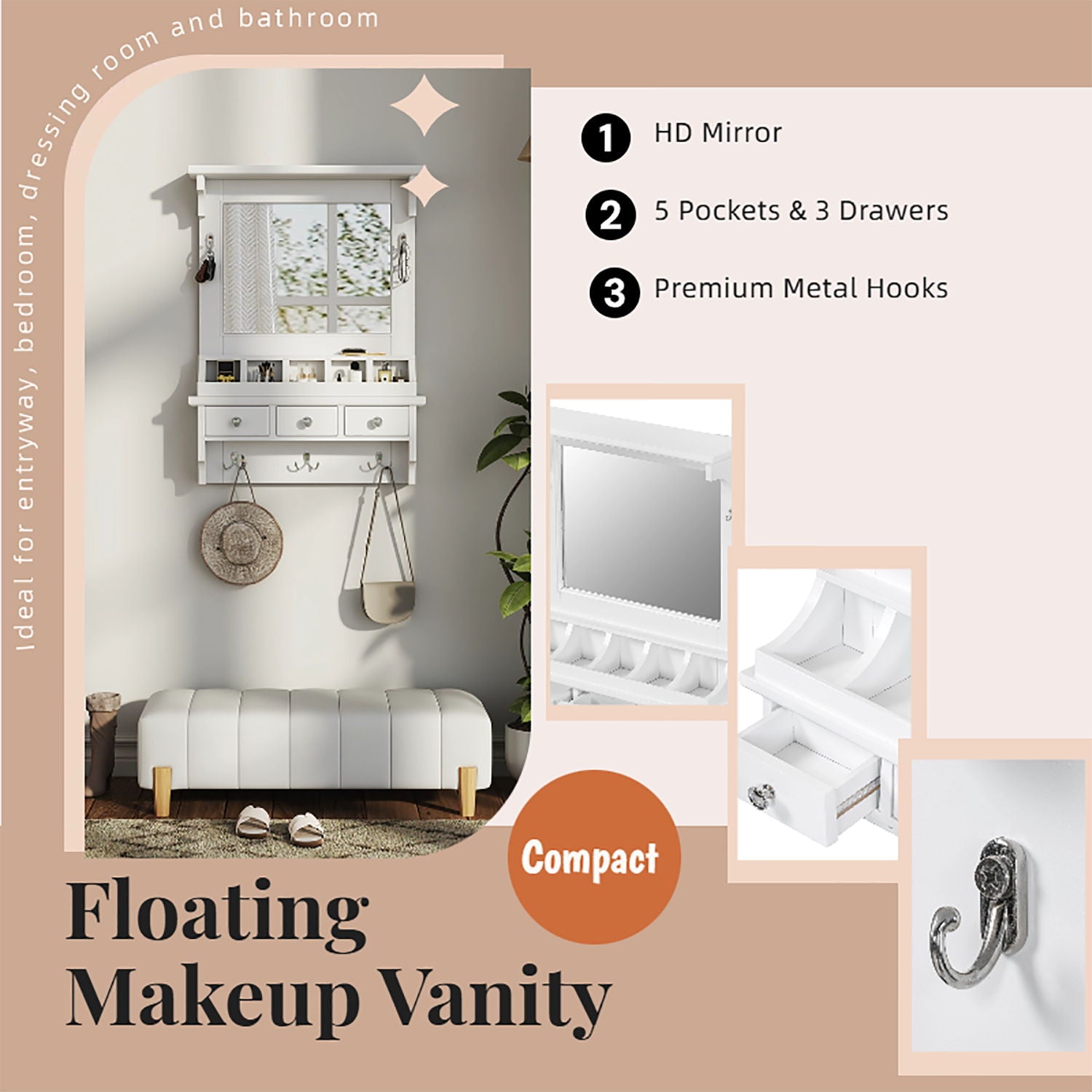 Floating Makeup Vanity with Mirror | Wall-Mounted Storage Organizer – White