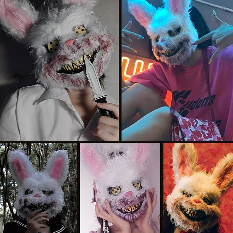 Collage of a person wearing a white rabbit mask with pink ears in various settings.