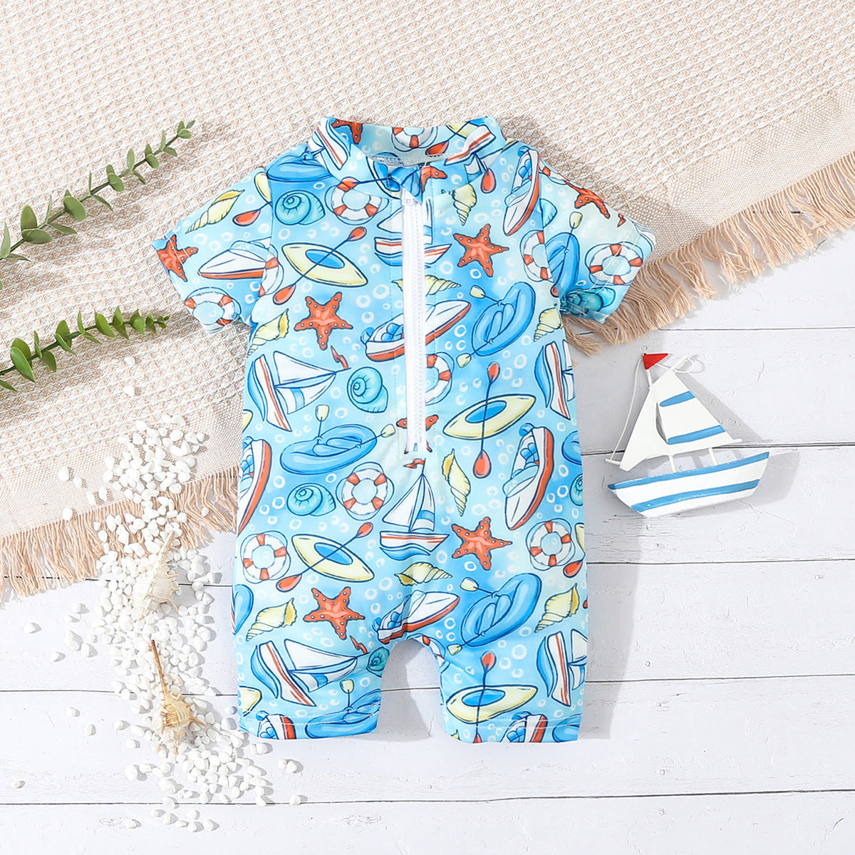 Baby Boys Cartoon One-Piece Swimsuit – Polyester Brief Style