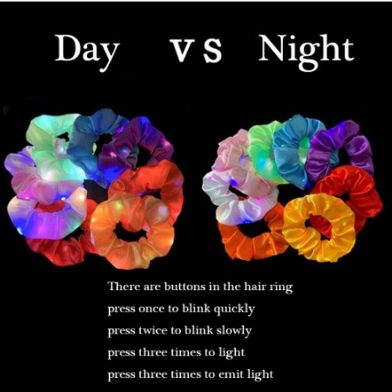 Colorful LED scrunchies with text explaining their functions on a black background.