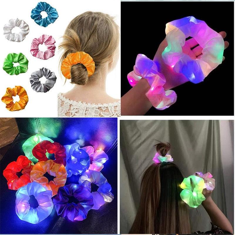 Collage of colorful hair accessories including scrunchies and LED lights.