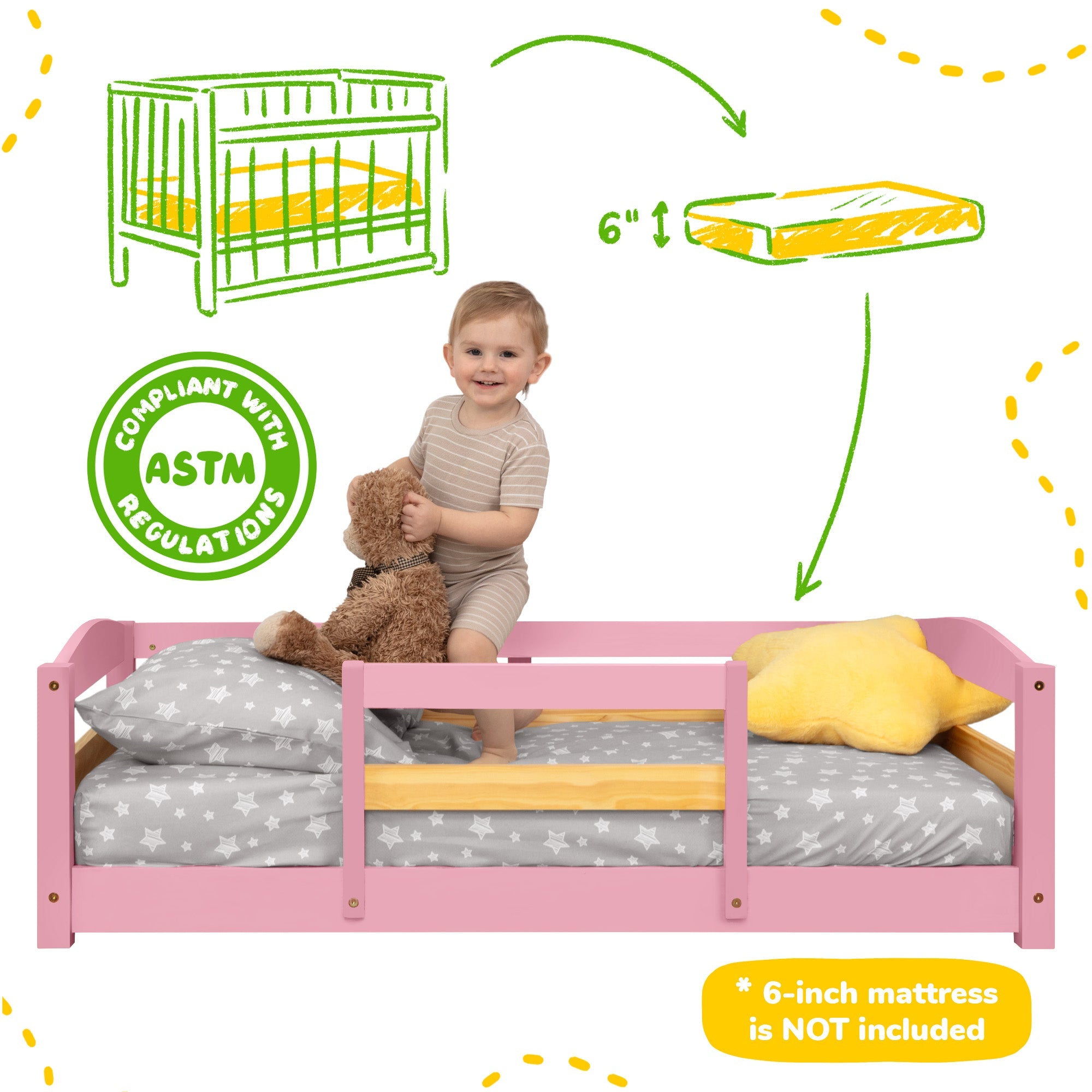 Toddler Bed with Full Safety Rails — Pine & Birch Wood, Fits Standard Crib Mattress