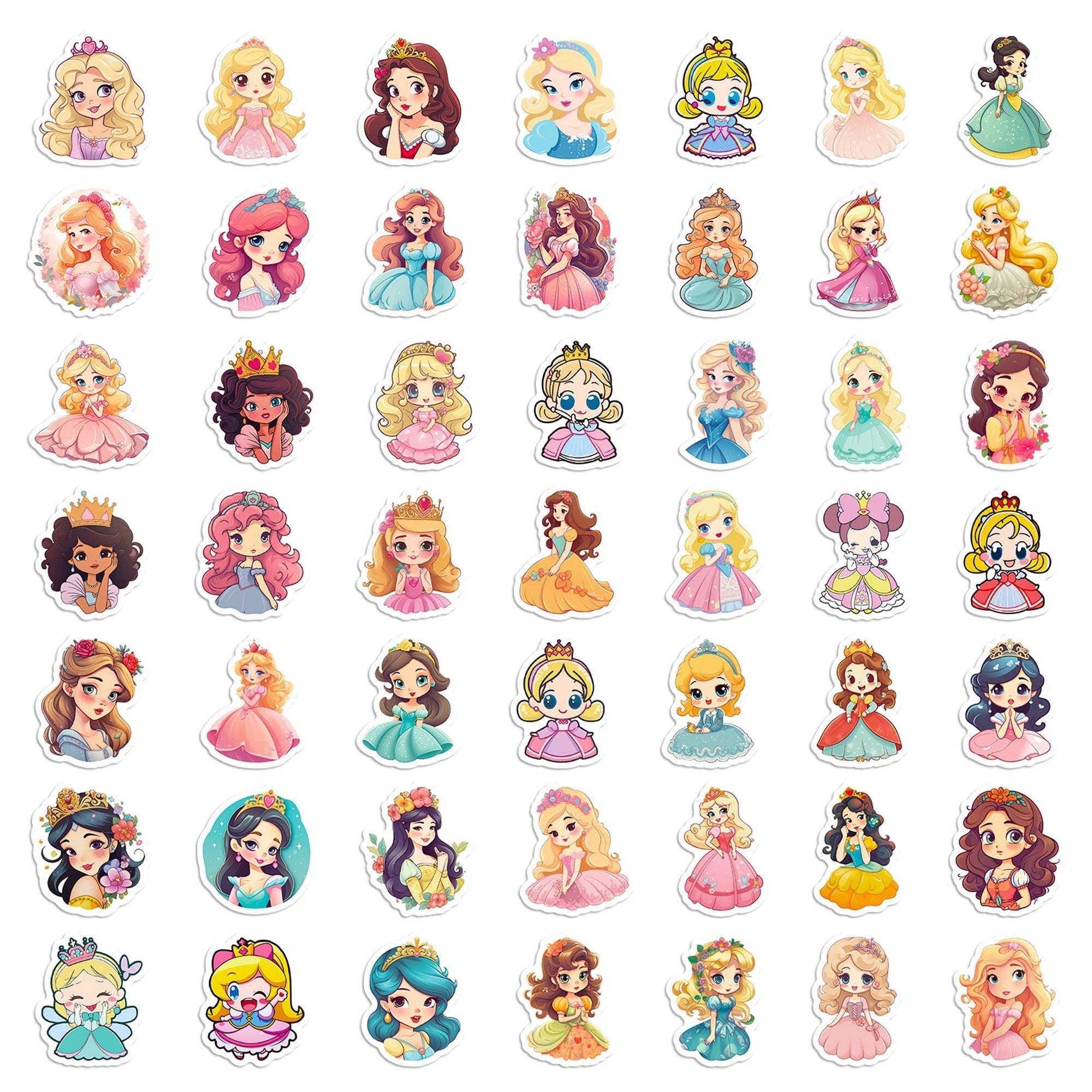 Collection of colorful princess stickers arranged in a grid.