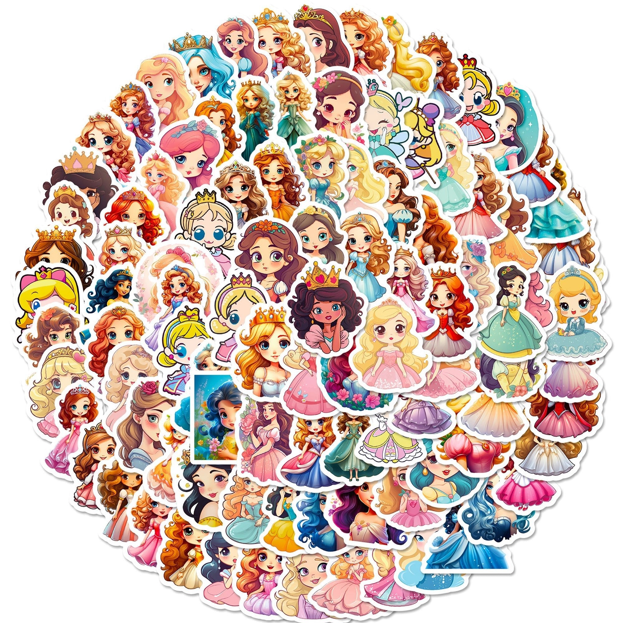 Collection of colorful princess stickers arranged in a circular pattern on a white background.