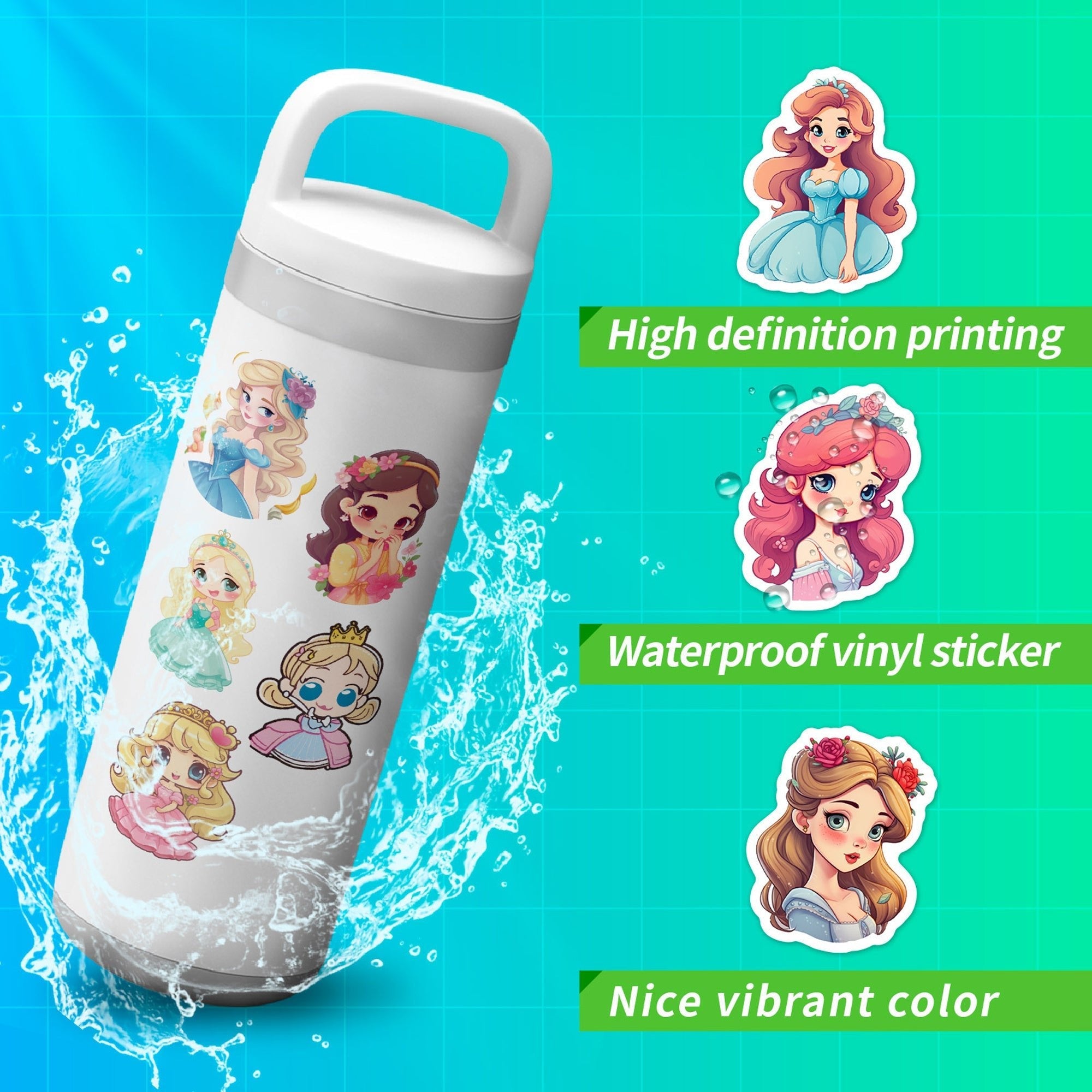 White tumbler with princess-themed stickers on a blue water splash background