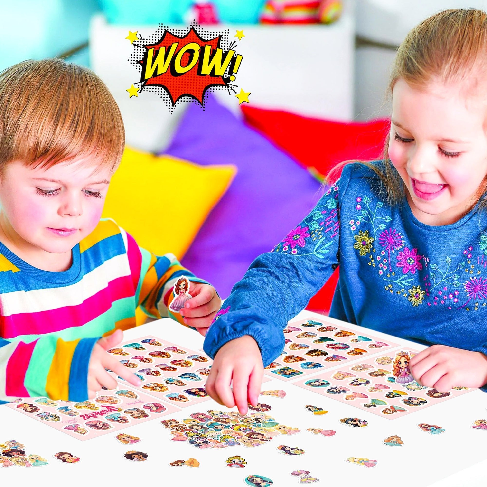 Two children playing with stickers on a table, with colorful pillows and a 'WOW!' graphic in the background.