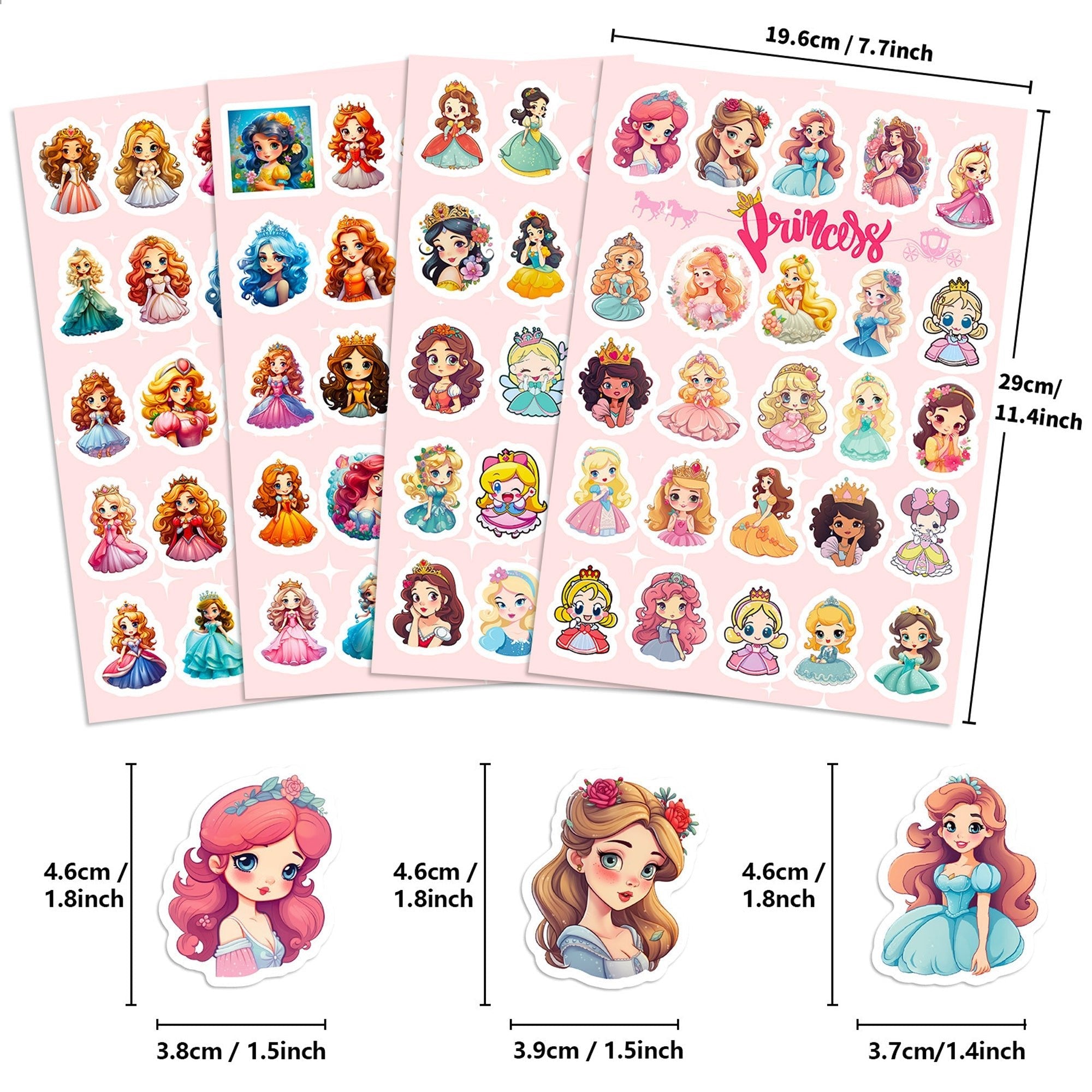 Sheets of princess stickers with dimensions displayed