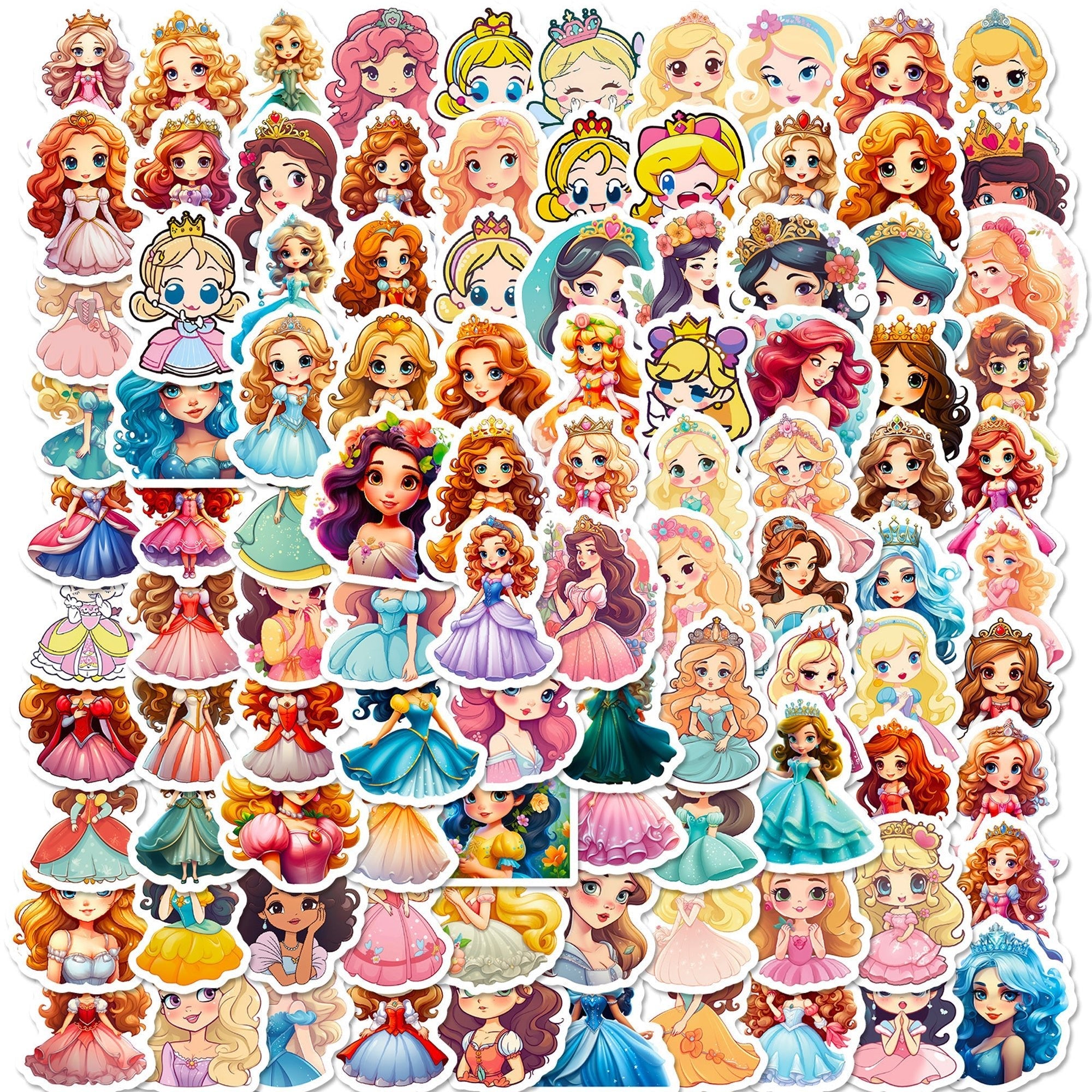 Collection of colorful cartoon princess stickers on a white background