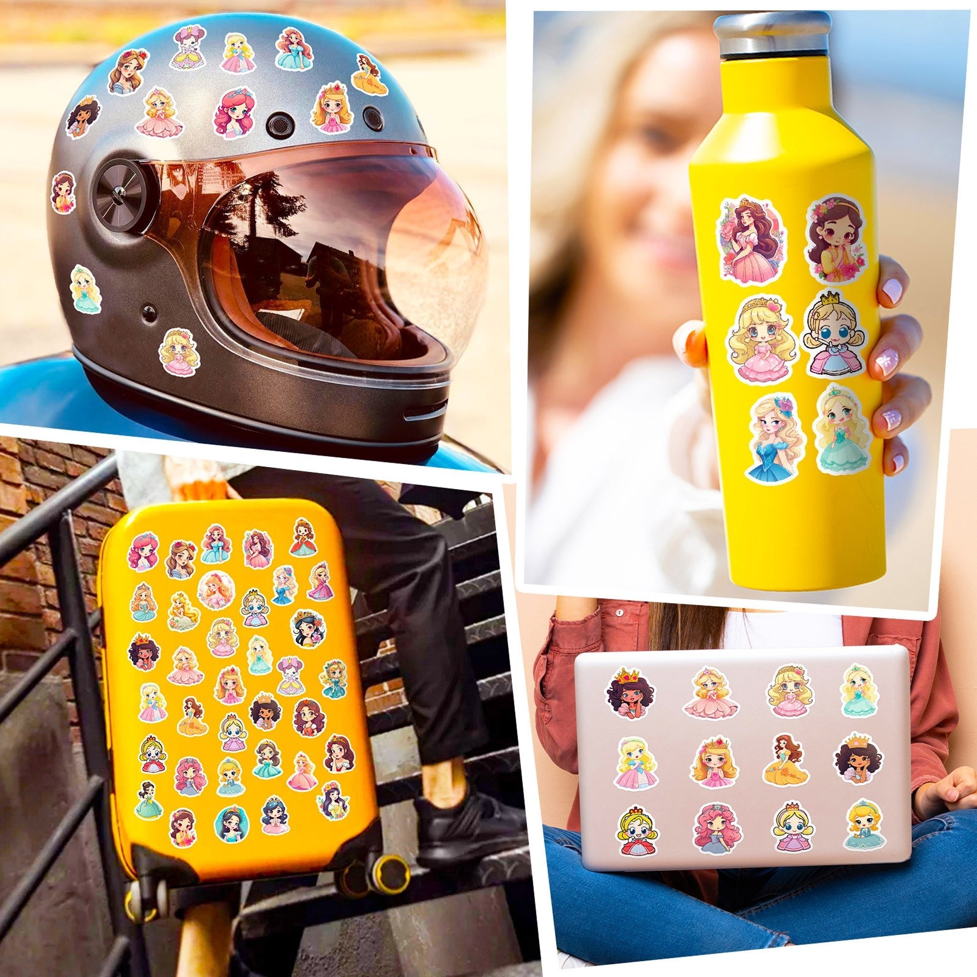 Collage of items with stickers on a helmet, water bottle, suitcase, and laptop.