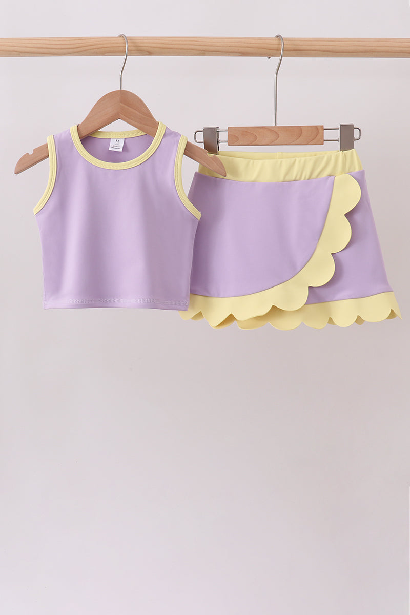 Girls Lavender Performance Scalloped Skorts Set – Athletic 2-Piece Outfit