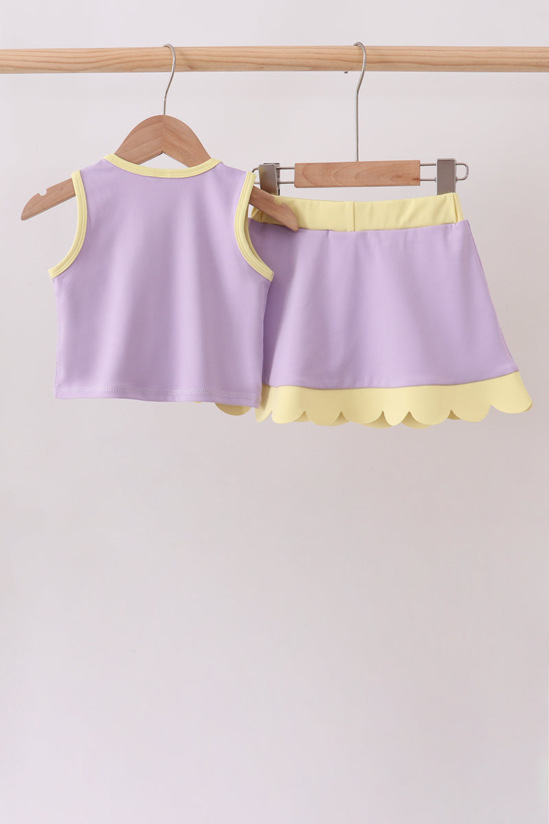 Girls Lavender Performance Scalloped Skorts Set – Athletic 2-Piece Outfit