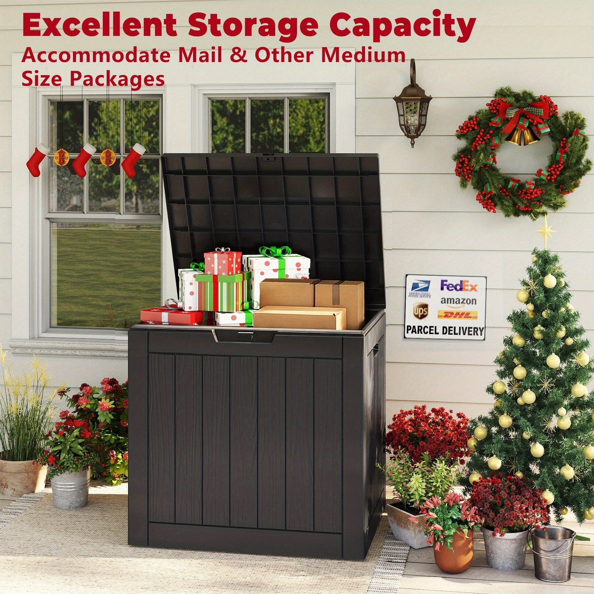 35 Gallon Outdoor Resin Storage Box | Lockable Flip-Top | Black/Wood Grain