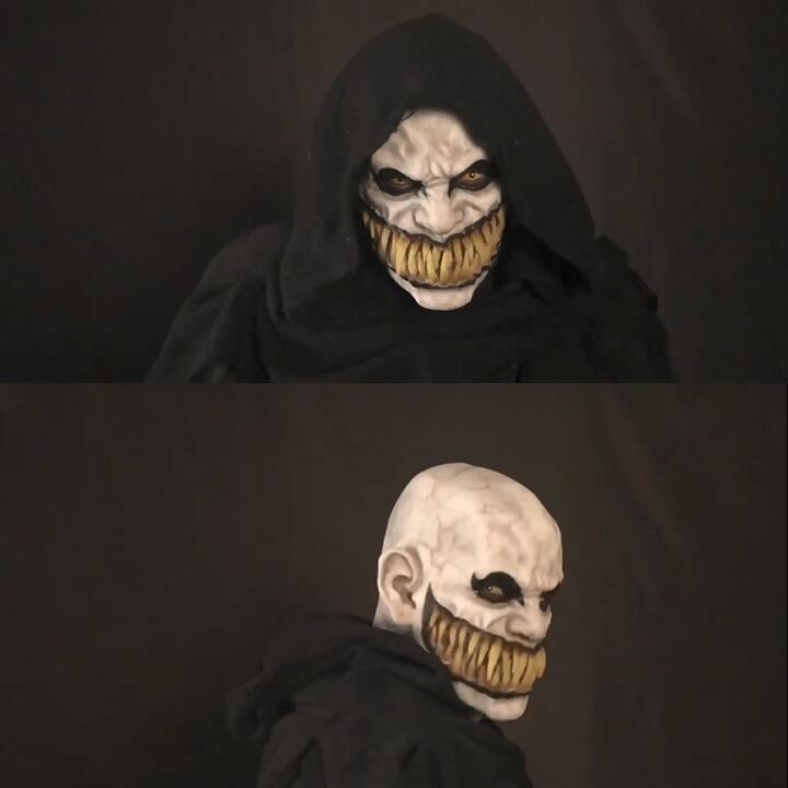 Two views of a hooded figure with a menacing mask on a dark background