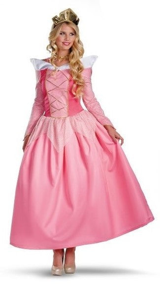Person wearing a pink princess costume with a white collar and gold accents on a white background