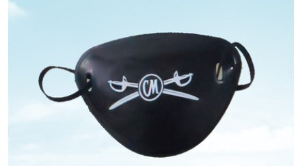 Black eye patch with a logo on a light blue background