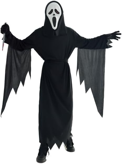 Black ghost costume with wings and white face mask on a white background