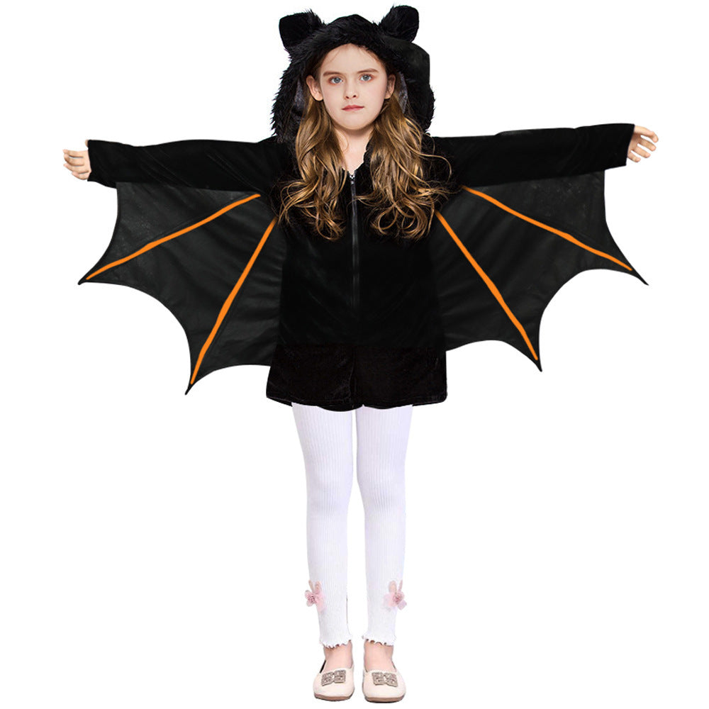 Child wearing a black bat costume with orange accents on a white background