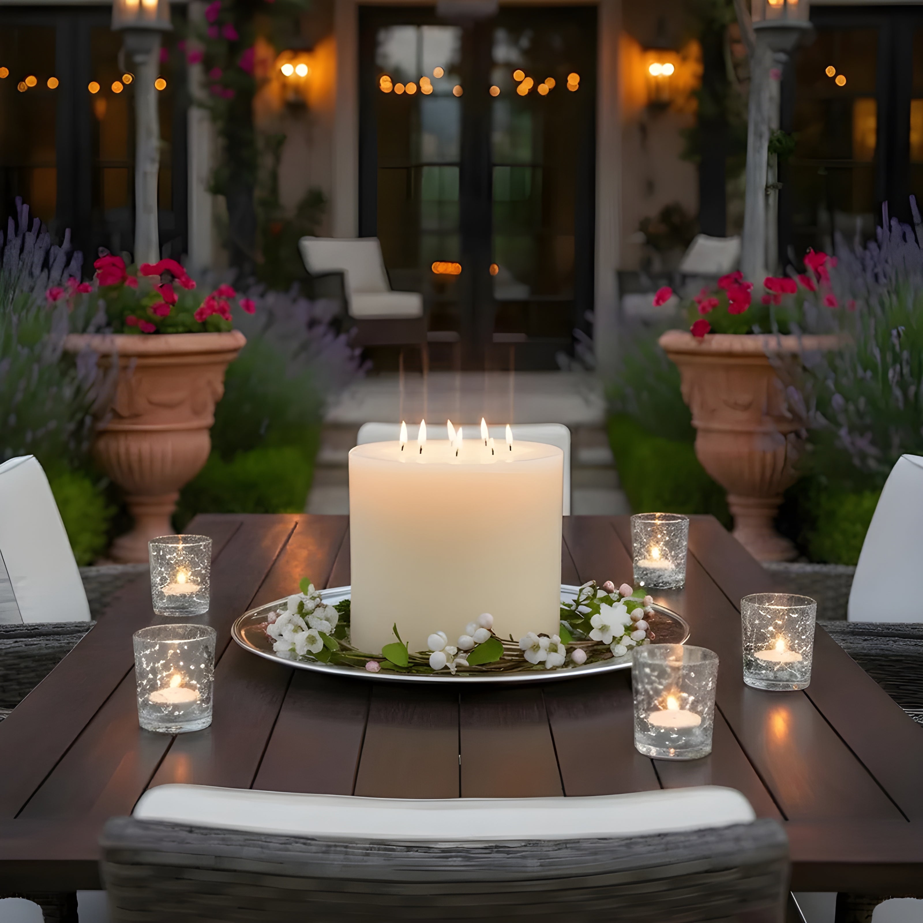 Outdoor setting with a large candle on a table surrounded by smaller candles and potted plants.