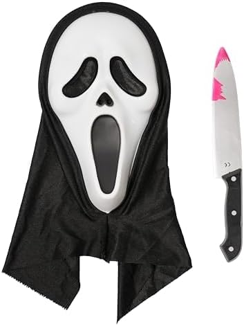 Halloween mask with black hood and a knife with pink handle on a white background