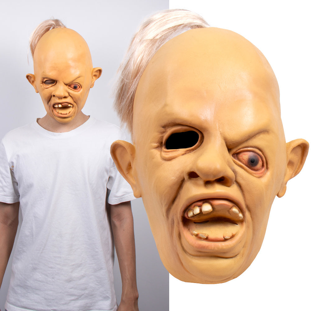 Person wearing a detailed mask with a white background