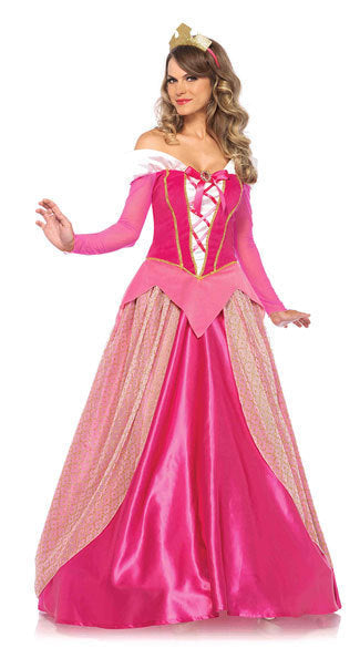Woman wearing a pink princess costume with a white top and gold accents on a white background