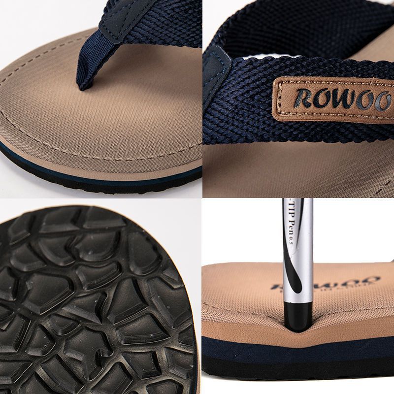 Collage of a sandal with 'ROWOO' branding, showing sole texture, strap detail, and brand name.