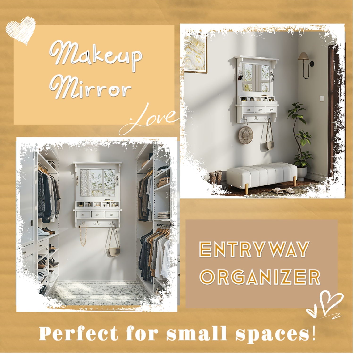 Floating Makeup Vanity with Mirror | Wall-Mounted Storage Organizer – White