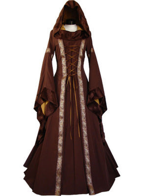 Brown hooded dress with lace details on a white background