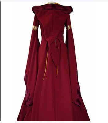 Red medieval-style dress with gold accents on a white background