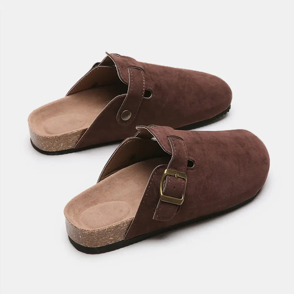 Suede Closed-Toe Buckle Slide – Faux Suede Flat Sandal