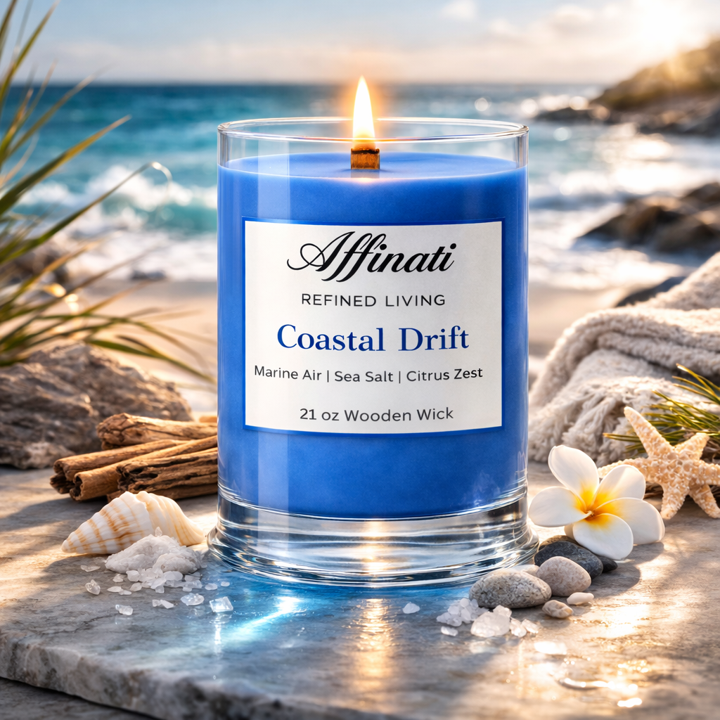 Blue candle labeled 'Affinati Coastal Drift' on a beach setting with ocean and rocks in the background.