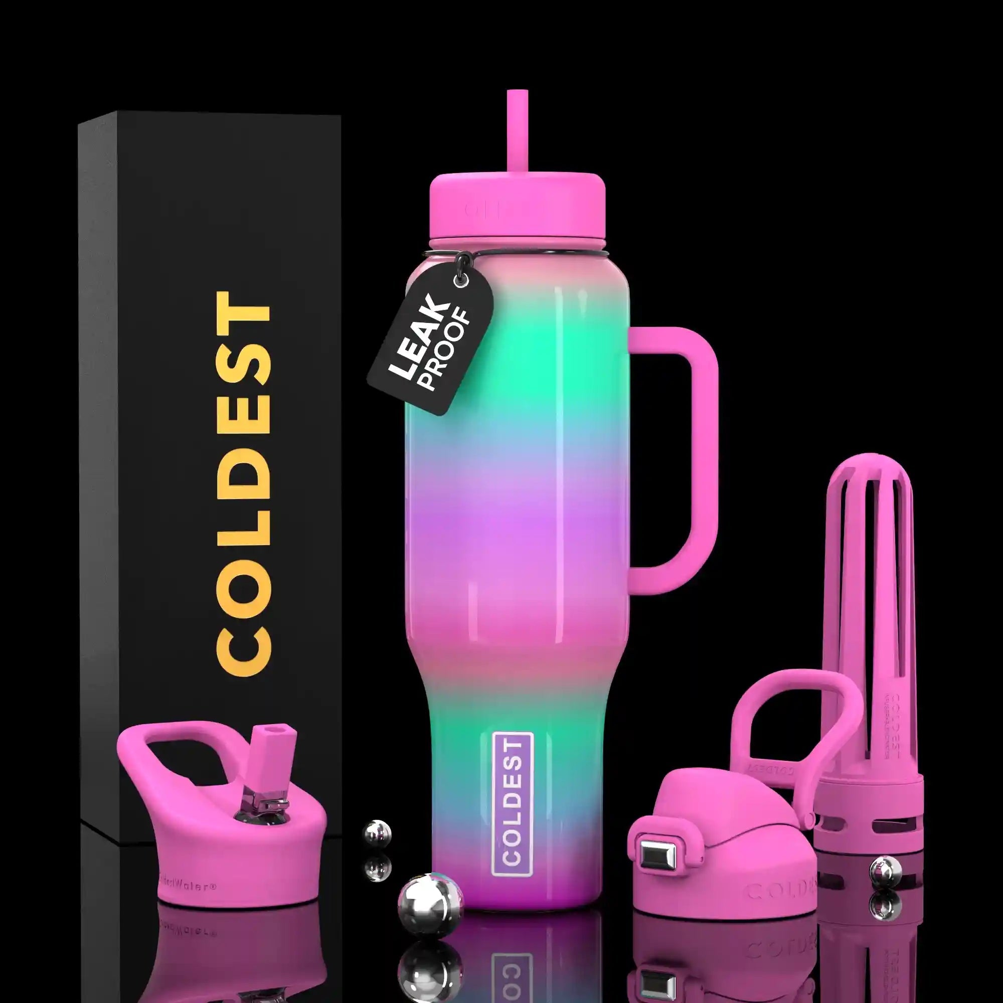 COLDEST 46oz Limitless™ Wasserflasche — 36+ Stunden kalt, 3 Deckel, Becherhalterfreundlich
