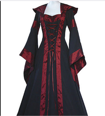 Black and red dress with lace-up front on a white background