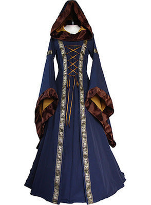 Blue hooded dress with brown accents on a white background