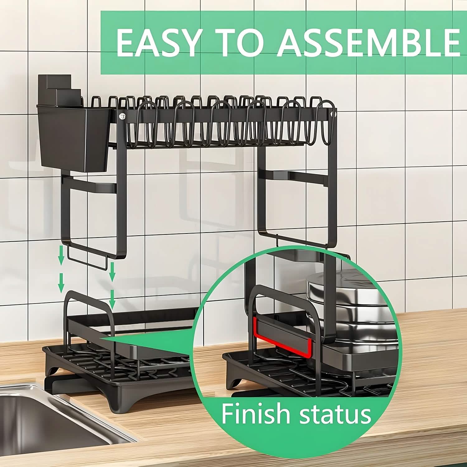 Black Metal Dish Rack | Rust-Resistant | Cup Hooks & Drainage Tray | 2-Layer & 3-Layer