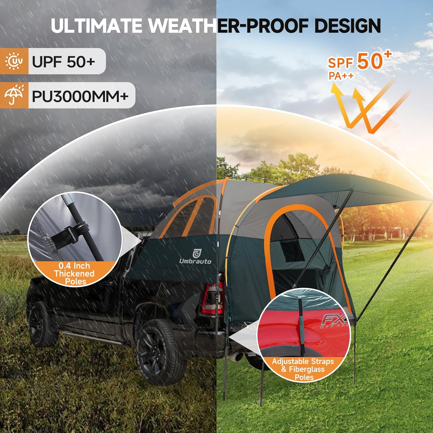 Truck Bed Tent for 5.5–5.8ft Beds — PU3000 Waterproof, 4ft Awning, Color-Coded Setup | 2–3 Sleepers